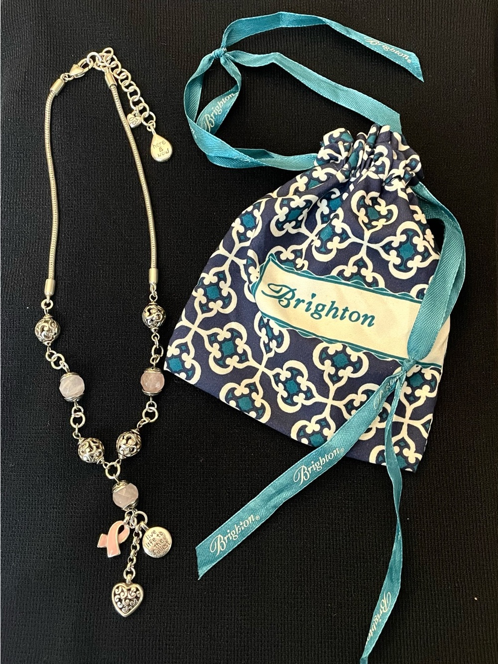 Brighton Breast Cancer Awareness Silver Tone Necklace with Rose Quartz Beads